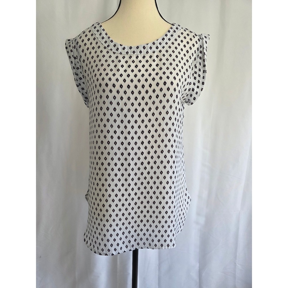 Ann Taylor Factory Womens Top Blouse‎ Diamond Print White Black Size S